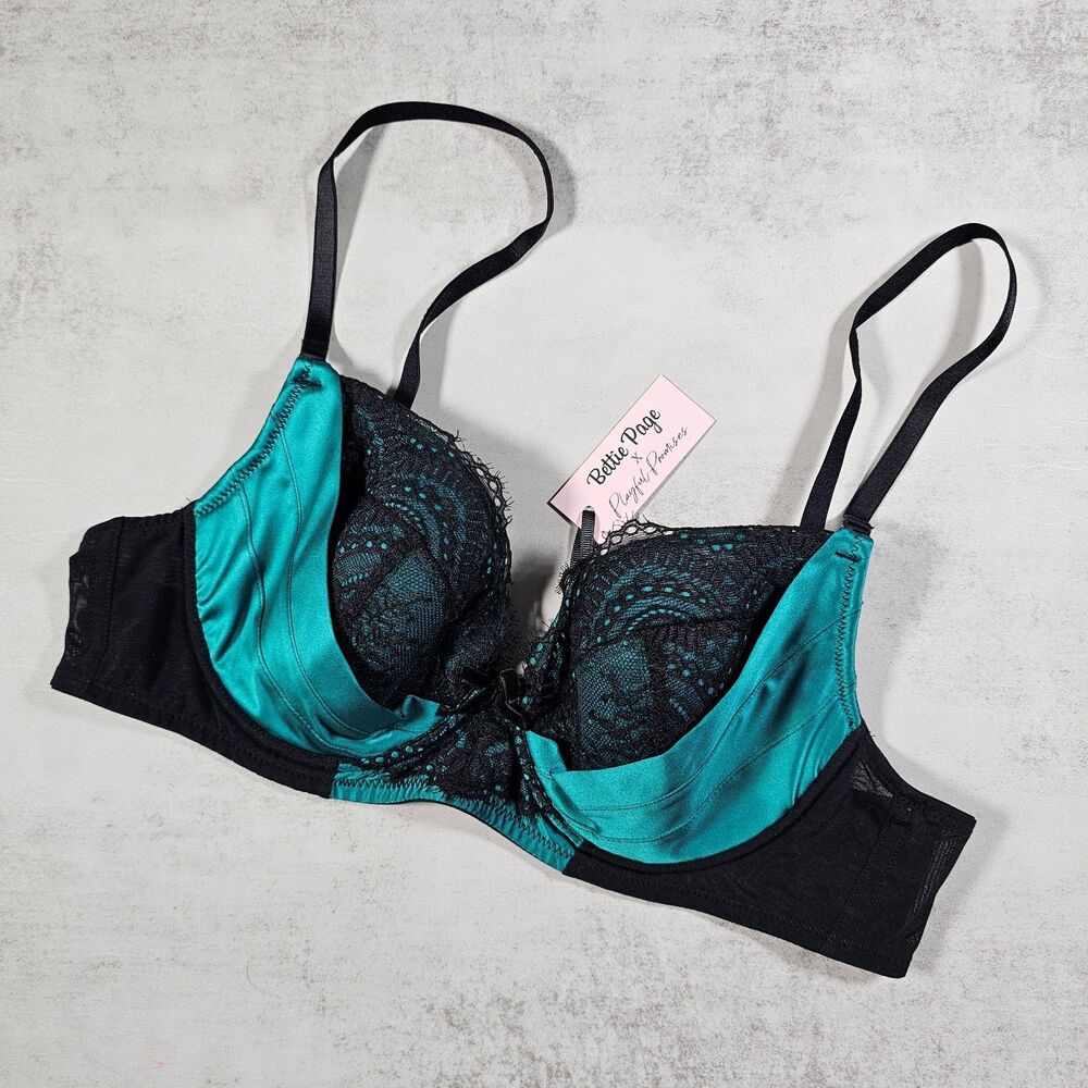 Bettie Page Playful Promises Melda Teal Satin & Lace Bra Size 38B